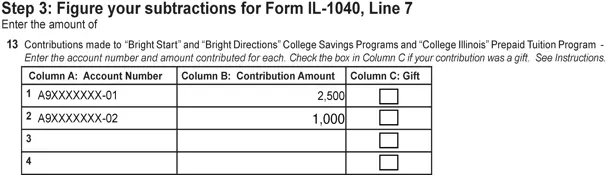Info Graphic showing how to enter multiple account contributions in step 3 of the Illinois 1040 Tax Form, Schedule M